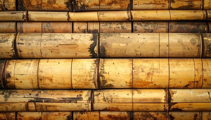 Stacked bamboo poles, varying tones of yellow and brown, showing natural texture and aging