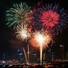 Night Sky Illuminated by Vibrant Fireworks Display Over Cityscape With Various Colorful Bursts