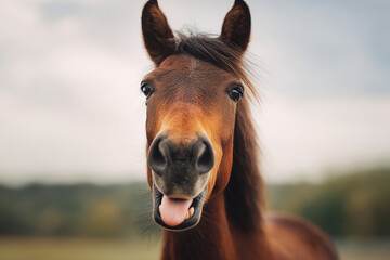 Fototapeta premium Close-up portrait of a playful brown horse sticking out its tongue in a soft-focused outdoor setting, capturing expressive eyes, glossy coat and lively personality in natural light.