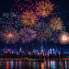 Night View of New York City Skyline with Fireworks Display over Water at Night