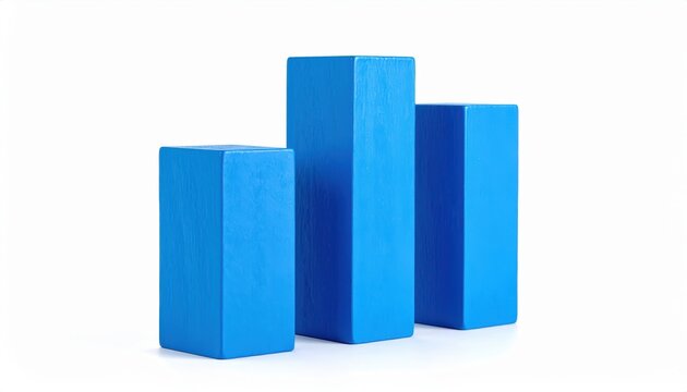 Three blue wooden blocks of varying heights stand isolated against a stark white backdrop, arranged in a bar graph formation.