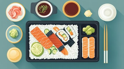 A colorful sushi platter featuring various types of sushi, pickled ginger, wasabi, and dipping sauces, all arranged neatly on a table.