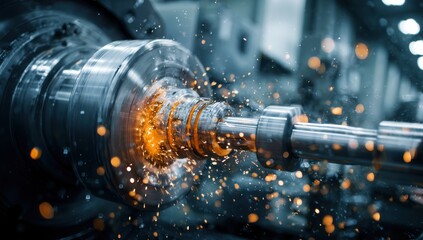 Fototapeta premium A futuristic and high-tech product with an orange color, being lathe-machined by industrial machinery in the background