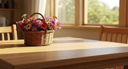 Colorful flowers in wicker basket on wooden table