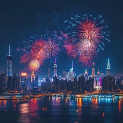 Skyline Fireworks Display Over Reflective Dark Water Against Night Sky in New York City