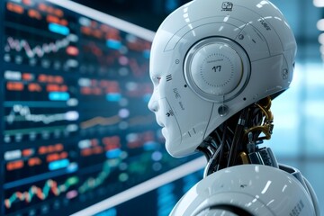 Robot analyzing stock market data using artificial intelligence