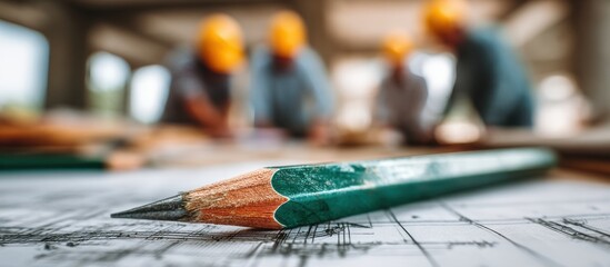 A green pencil on construction blueprints with workers wearing hard hats in the background