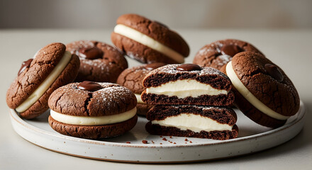 Fototapeta premium Decadent Homemade Cookies: Chocolate Sandwich Biscuits with Creamy White Filling, Dusted with Powdered Sugar on a Rustic Ceramic Plate, Perfect Sweet Treat