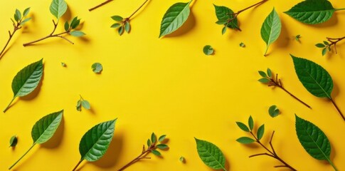 Vibrant Green Foliage Arranged on a Sunny Yellow Background, Creating a Natural and Appealing Composition for Design Projects