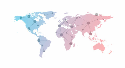 Fototapeta premium Digital world map showcasing a vibrant network of linked nodes, illustrating global connectivity, internet infrastructure, and international business relations across continents