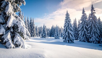 Fototapeta premium Scenic view of a snow-covered forest showcasing tall evergreen trees laden with thick, fresh snow against a bright blue sky with subtle cloud formations.