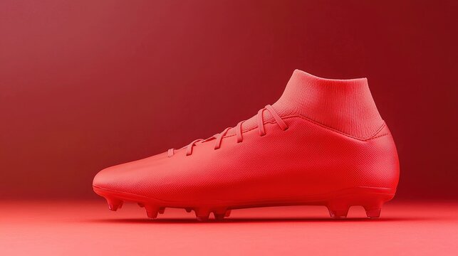 A sleek, modern red soccer cleat with a sock-like ankle collar displayed against a matching red background. - Powered by Adobe