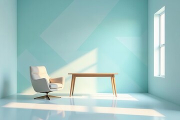 Serene Minimalist Room Interior Design with Light Cream Swivel Chair and Simple Wooden Table Against a Pale Aqua Wall with Geometric Pattern