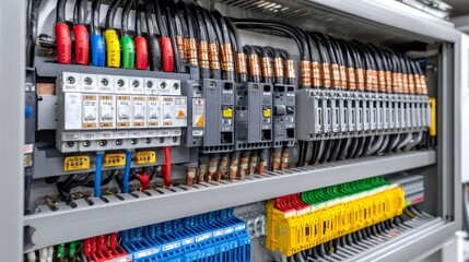 Electrical cabinet showing various components and wiring connections
