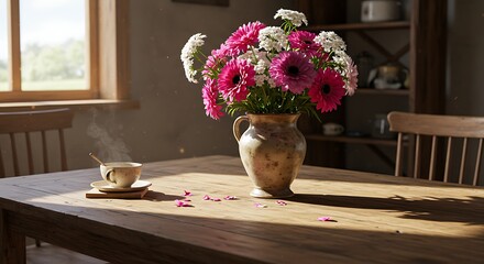 Flowers in vase on wooden table