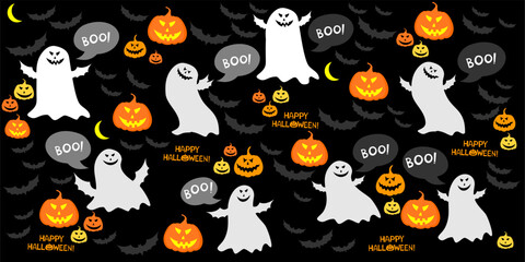 Cute halloween seamless pattern on black background. Halloween characters, cartoon ghost, pumpkin, bats. Print for fabric texture, decoration, wrapping paper. Vector illustration
