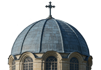 Architectural dome with cross against black background close up isolated on transparent background