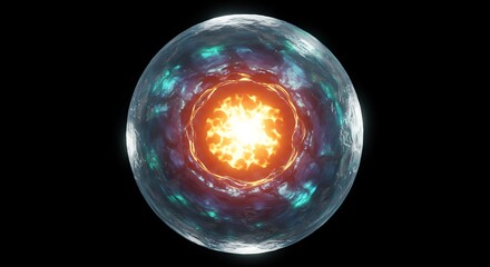 Glowing Energy Core Contained Within a Translucent Spherical Casing with Icy Blue and Cyan Shimmering Elements on a Dark Background, Depicting Raw Power, Futuristic Technology, and Biological Cell
