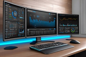 Fototapeta premium Financial trading workspace with multiple computer screens displaying data