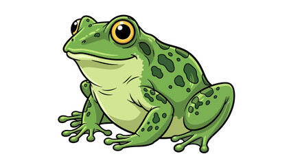 A cartoon illustration of a green spotted frog sitting on a white background