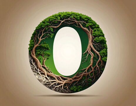 Circular number zero formed by intertwining trees and roots