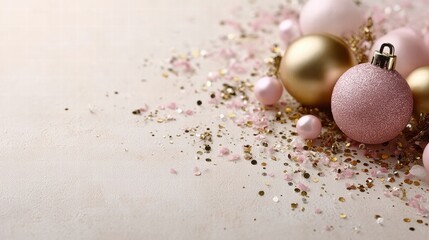 gold Christmas ornaments and confetti