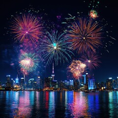 Fototapeta premium Vibrant Fireworks Display over City Skyline Reflected on Water at Night Celebration