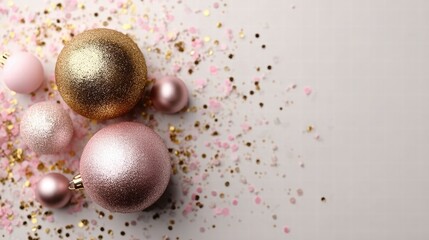 gold Christmas ornaments and confetti