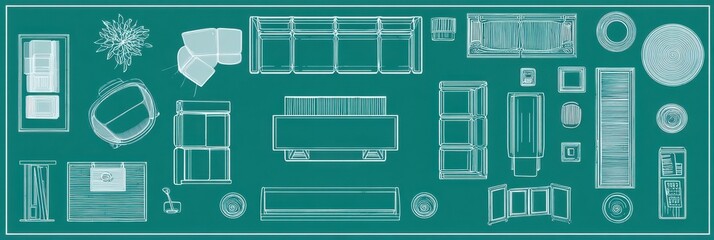 A large vector graphic depicting furniture and room shapes, line art in white on a teal background, with a top-down view