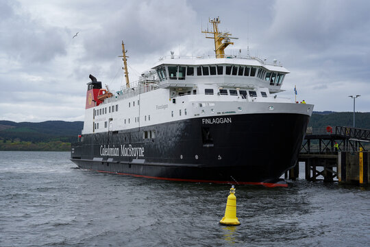 Kennacraig, Tarbert, Scotland - May 12 2022: The Caledonian MacBrayne ferry Finlaggan at the pier in Kennacraig. The Calmac ship serves the route to the Isle of Islay.