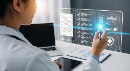 Futuristic Medical Data Management: Doctor Interacting with AI-Powered Health Interface