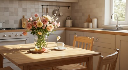 Kitchen interior with flowers and coffee