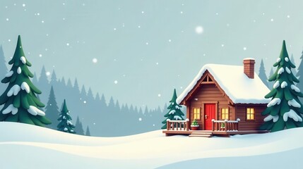 Fototapeta premium Cozy Cabin in a Winter Wonderland A Festive Snow Scene with Evergreen Trees