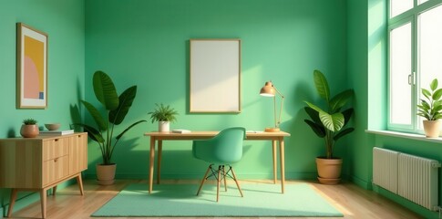 Serene Home Office Workspace with Mint Green Walls and Abundant Natural Light