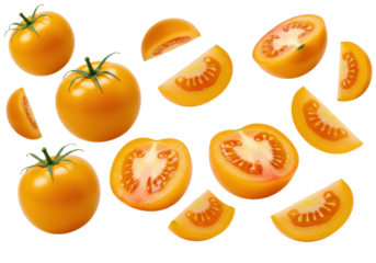 Fresh, ripe, vibrant yellow tomatoes, whole, halved, and wedged, suspended mid-air against a transparent background with copy space, sharp macro focus concept of fresh healthy ingredients
