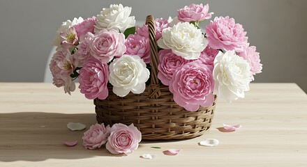 Pink and white peony bouquet in basket