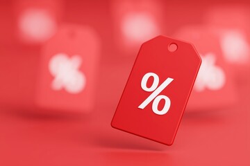 Red discount tag with percentage symbol is prominently displayed against a blurred red background, emphasizing sales and promotions in retail marketing strategies