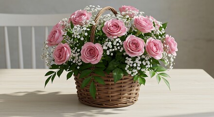 Pink roses in wicker basket