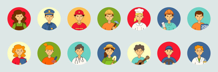 Collection of round avatars with jobs and careers. Professional people illustration pack: driver, architect, musician, nurse, worker, teacher, chef, firefighter, police officer,