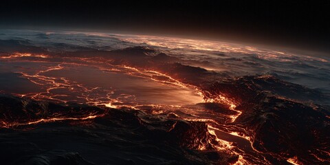 Fototapeta premium Planet's Fiery Embrace: An otherworldly vision of the planet's surface is consumed by a mesmerizing glow of fiery magma, a symbol of the Earth's raw power and transformative nature.