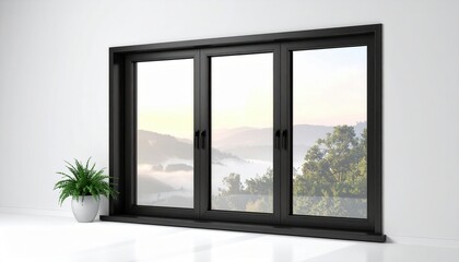 A modern, black-framed window offers expansive views of a foggy, mountainous landscape at dawn, alongside a vibrant potted plant in a clean, well-lit white interior space, evoking tranquility and a...