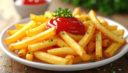 Golden, crispy french fries presented on a white plate, complemented by a vibrant red ketchup drizzle and garnished with fresh parsley, showcasing a  composition of the delicious food, highlighting...