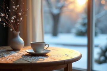 Serene Winter Morning A Warm Drink by the Window with Snowy Branches