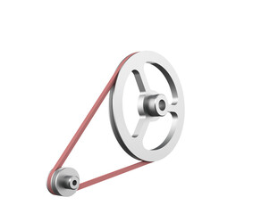 A 3D render of a mechanical belt and pulley system, featuring a large and small metal pulley connected by a red drive belt, isolated on a PNG Transparent HD Background. High resolution and detailed.