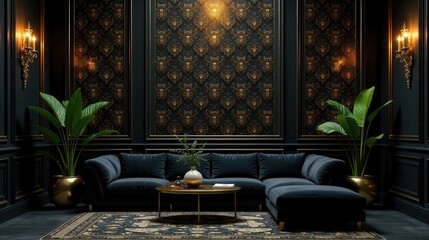 Opulent Dark Decor Luxurious Velvet Sectional Sofa in a Sumptuously Appointed Room with Gilded Accents and Lush Greenery