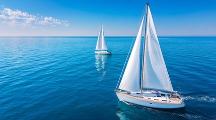 Fototapeta premium Two sailboats sailing blue ocean water under clear sky