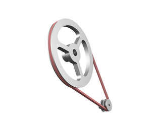 A 3D render of a mechanical belt and pulley system, featuring a large and small metal pulley connected by a red drive belt, isolated on a PNG Transparent HD Background. High resolution and detailed.