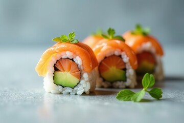 Delicious Salmon Avocado Sushi Rolls, Garnished with Fresh Herbs, on a Neutral Background