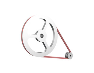 A 3D render of a mechanical belt and pulley system, featuring a large and small metal pulley connected by a red drive belt, isolated on a PNG Transparent HD Background. High resolution and detailed.