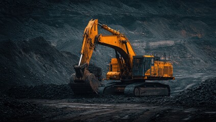 A yellow excavator is driving on the ground of an open coal mine